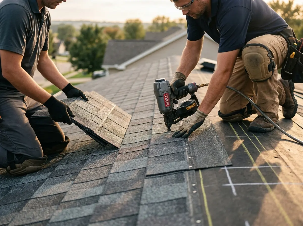 Professional roofer working on a residential roof in Pocahontas